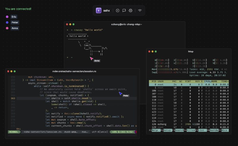 项目sshx终端访问项目简介一个基于Web的安全协作终端，只需运行一个命令即可与他人共享自己的终端，支持在无限画布上自由缩放、移动窗口，并实时查看其他用户的光标移动
