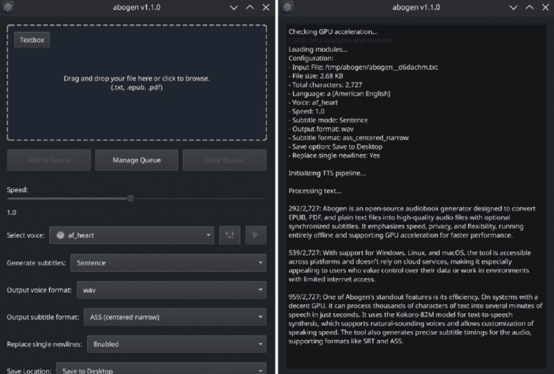 👉 名称：abogen🤖 类型：🤖软件👏 介绍：Abogen 是一个基于 Kokoro-82M 的文本到语音转换工具，能够快速将 EPUB、PDF 或文本文件转换为具有同步字幕的高质量音频，适用于制作有声读物、社交媒体语音旁白等