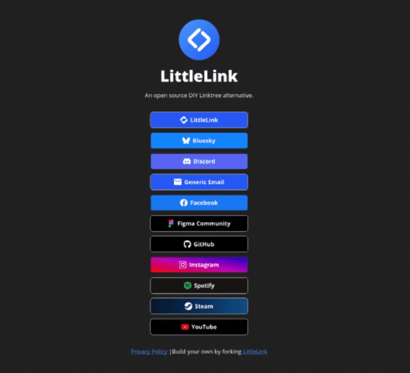 👉 名称：littlelink🤖 类型：🎯项目👏 介绍：LittleLink 是一个开源项目，旨在为用户提供一个简单的方式来创建和托管自己的 Linktree 页面