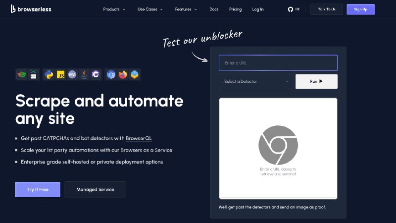 👉 名称：browserless.io🤖 类型：🕸网站👏 介绍：Browserless 是一个提供浏览器自动化和绕过机器人检测器的服务，它通过自家开发的 BrowserQL 技术帮助用户绕过 CAPTCHA 和其他反爬虫机制，并且提供了一个由数千个浏览器组成的池子来扩展自动化任务，无需用户管理浏览器版本更新和其他技术细节