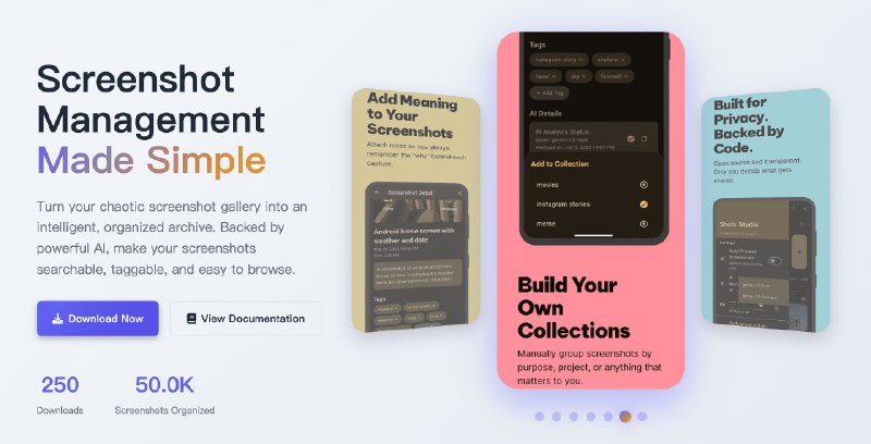👉 名称：shots-studio🤖 类型：🤖软件👏 介绍：AI 驱动的截图管理工具，通过 AI 实现自动分类截图，支持搜索截图内容、自动添加或者生成标签等功能：