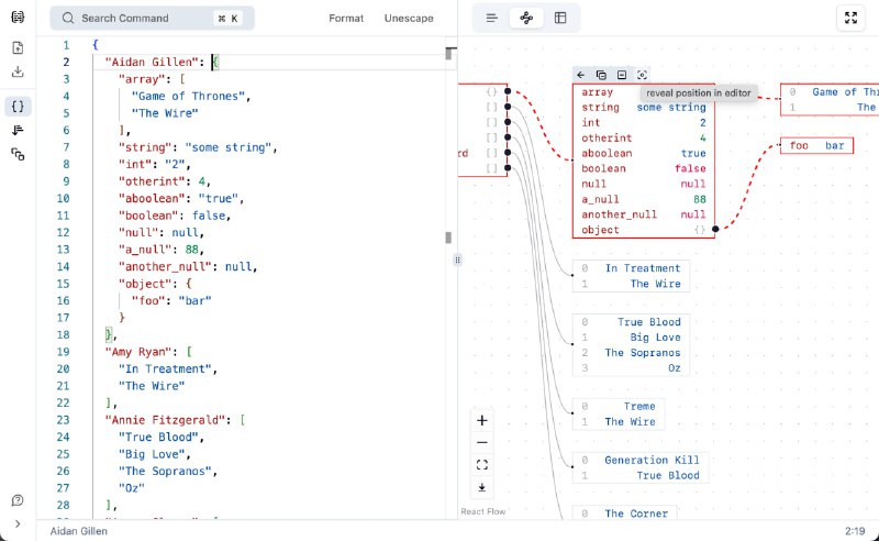 json4uJSON可视化网站简介一个开源的JSON可视化和处理工具，支持图形和表格视图模式，可以进行结构化和文本比较，提供错误上下文的验证功能，并支持嵌套解析