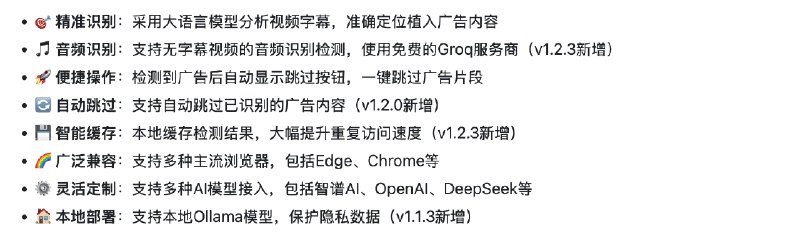 👉 名称：VideoAdGuard🤖 类型：🤖软件👏 介绍：VideoAdGuard 是一个基于大语言模型的B站视频植入广告检测工具，能够自动识别B站视频中的植入广告内容，并提供跳过广告的功能，提供两个版本- 浏览器插件版- 油猴脚本版和之前推荐的 BilibiliSponsorBlock 有点类似：
