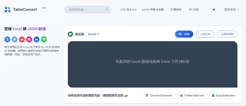 #表格 #格式转换 TableConvert 表格转换和数据生成工具，可在 Excel、CSV、JSON、HTML、Markdown、LaTeX、XML、YAML 等格式之间进行转换，还支持在线编辑功能，包括删除空行、去除重复项、数据转置、排序、正则表达式查找替换和实时预览等，之前推荐过它的 插件 ，免费使用，无需注册