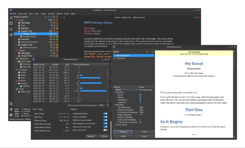 novelWriter - 专为写小说的开源纯文本编辑器纯文本编辑器一个专为写小说设计的开源文本编辑器，它使用简化类 Markdown 语法，可以格式化文本并添加元数据以便于内容管理和参考