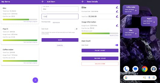 #记账 值啦 物品价格记录与统计工具，可以记录物品的名称、价格、购买日期，并支持手动/自动记录使用次数，以此来计算出物品的每次使用成本，适用于健身器材、电子产品、大物件等，数据存储在本地，免费使用