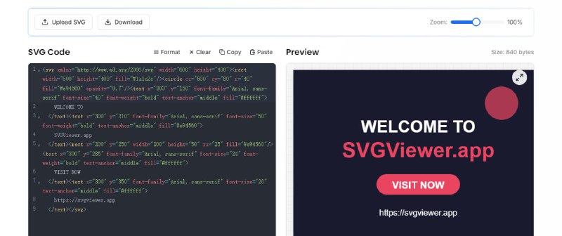 #SVG SVG Viewer SVG 编辑与优化工具，可上传 SVG 文件，进行代码编辑，且可实时预览更改，支持缩放、语法高亮、格式化、压缩优化等，还可转换为 PNG、JPEG、WebP 和 ICO 等格式，免费使用，无需注册