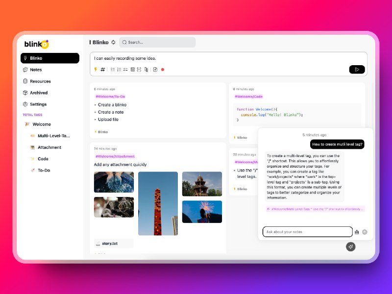#开源 #笔记 #AI🗒 Blinko - 一个开源、自托管的闪念笔记演示 （账密都是blinko）Blinko 是一个结合「RAG+LLM」的轻量笔记本