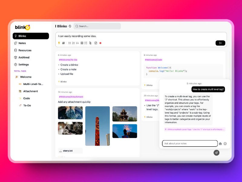 Blinko - 开源自托管个人笔记工具笔记工具一个开源的轻量级笔记应用，旨在帮助用户快速捕捉和整理灵感，支持纯文本和 Markdown 格式
