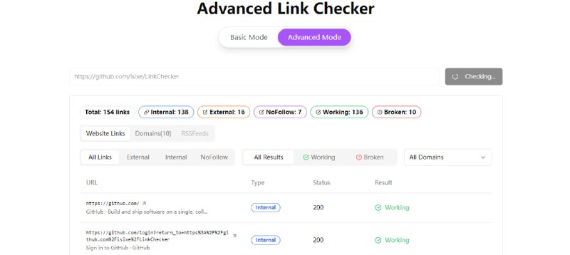 #链接 #检测 #开源 LinkChecker 网站链接有效性检测工具，可用于检测网站内外部链接的有效性，实时识别失效与正常链接，明确区分内部和外部目标，并按域名分组统计引用频次，支持 RSS 源的发现与验证，免费使用，无需注册